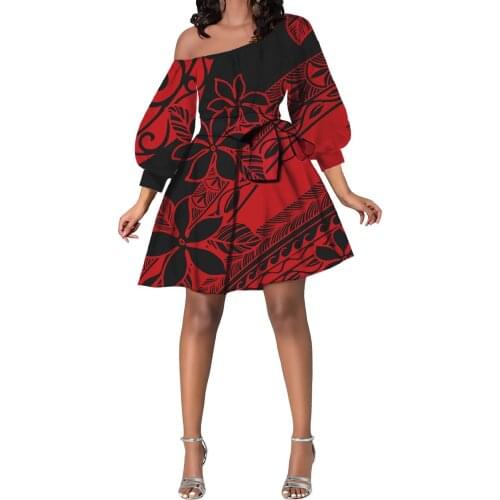 Hycool New Polynesian Floral Print Oblique Shoulder Red Flared Dress Elegant Long Sleeve Lady Dating/Anniversary Bow Short Dress