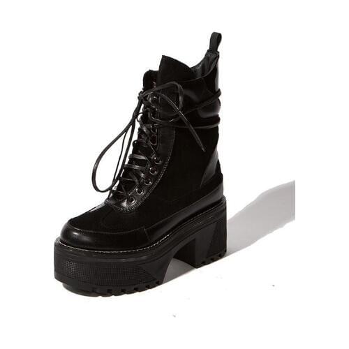 Winter New Girls Black Cow Leather 6 cm Chunky Heels Lace Up Short Boots Woman Platform Patchwork Thick Sole Casual Ankle Boots