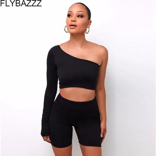 Solid Off Shoulder Two Piece Yoga Sets Women Tracksuit Crop Tops+Elastic Bike Shorts Sporty Matching Suits Casual Female Outfits