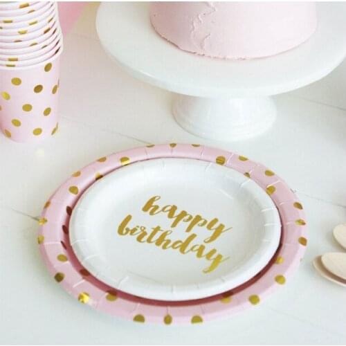 Party Dot Rose gold Pink Blue Disposable Paper Plates Cups Fork Straw Kids Party Tableware Sets Birthday wedding Party Decorates