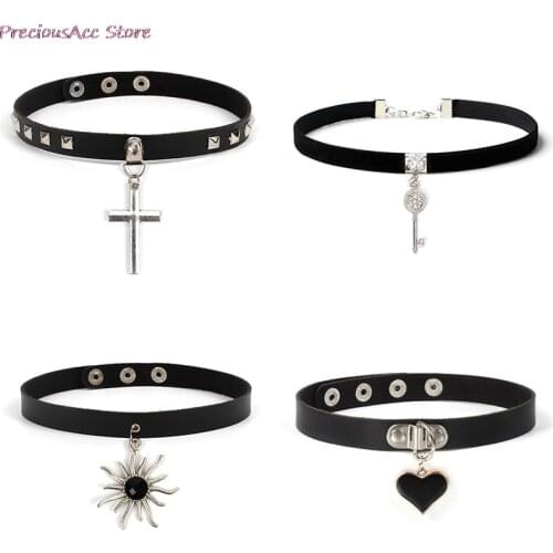 Spike Choker Gothic PU Leather Cross Sun Key Heart Necklace Women Collar Necklace Rock Punk Chocker Statement Jewelry