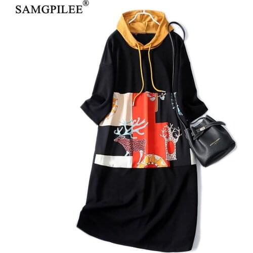 Casual Women Dresses 2021 New Fashion Hooded Patchwork Print A-line Three Quarter Sleeves Knee Length Autumn Dress For Woman 4XL
