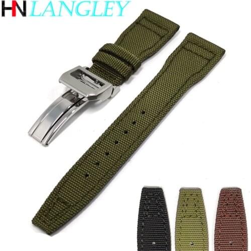 Genuine Leather with Nylon Watchband Canvas 22mm Bottom Watch Pilot Strap Bracelet Butterfly Steel Buckle Wristband