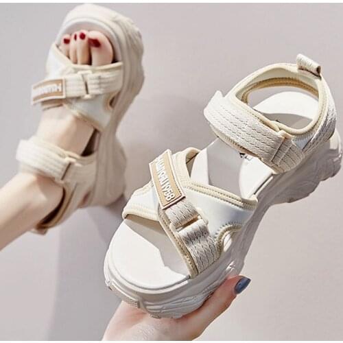 Platform Sandals Women Thick Sole Chunky Shoes Magic Tape Ins Casual Summer Shoes Sandals Beige Black Comfortable