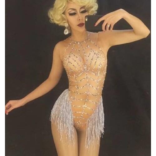 Sexy Fringe Leotard Nude Spandex Jazz Rhinestones Costume Stage Performance Dance Wear Singer Pole dancing Bodysuit DJ258