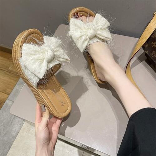 Womens Flip Flops Bow Sandals Wedge High Heels Peep Toe Summer Slippers Shoes Women Flat Platform Sandals Slides Slippers Shoes
