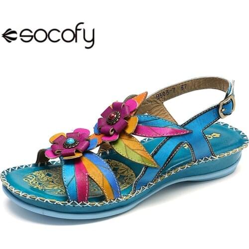 SOCOFY Genuine Leather Splicing Hand Painted Retro Floral Stitching Soft Buckle Strap Sandals Retro Summer Shoes Ladies Shoes