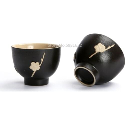 Crude Pottery Ceramic Tea Cups Hand Made 3D Plum Pattern Teacups Japanese Style Kung Fu Tea Set Vintage Chinaware