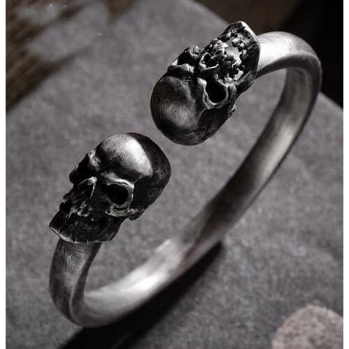 100g Mens Heavy 999 Sterling Silver Skull punk handmade Bangle Cuff Bracelet