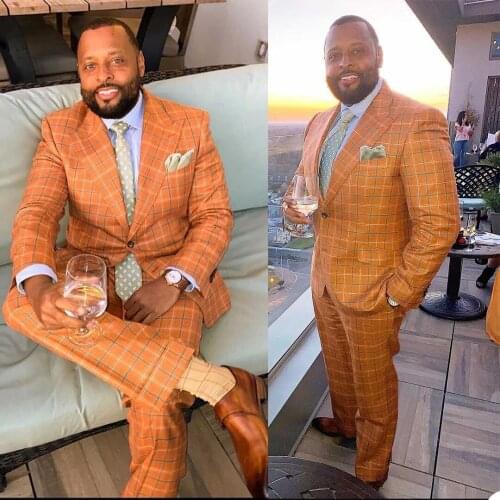 Unique Orange Check Celebrity Mens Customized Wedding Tuxedos Plus Size Men Wear Dinner Prom Party Blazer (Jacket+Pants)