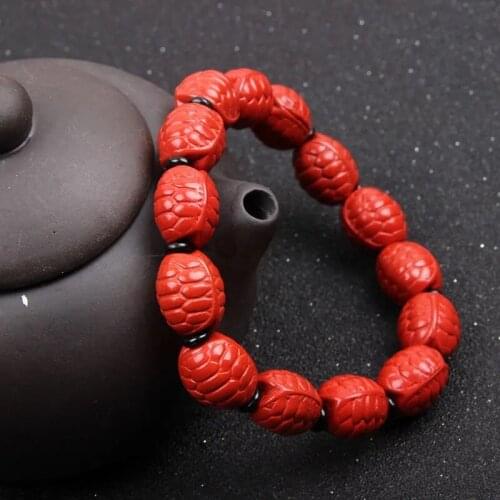 Chinese Red Organic Cinnabar Carving Tortoise shell Beads Elastic Bracelet Fashion Man Woman Luck Amulet Gifts Jewelry New W10