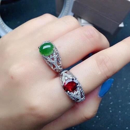 Vintage Silver Gemtone Ring for Party 7mm*9mm Natural Garnet Jade Ring Solid 925 Silver Jade Garnet Jewelry Gift for Wife