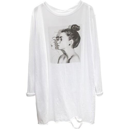 Spring Summer Women Characters Printing T-shirts Loose Casual Personality T-Shirts Women Long Sleeve Tops White