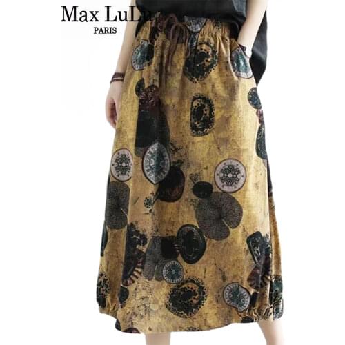 Max LuLu 2021 European Fashion Women Vintage A-Line Printed Skirt Ladies Elastic Yellow Clothes Female Casual Skirts Big Size