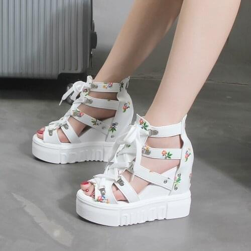 INS Hot Print Leisure Wedges Womens Shoes 2021 Summer Shoes Women Sandals Platform Shoelaces High Heels Casual Shoes Woman