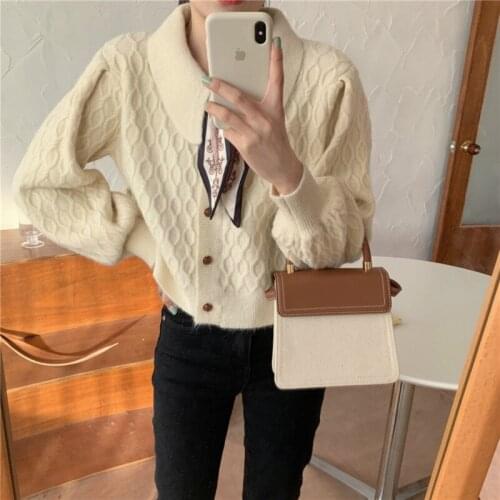 Women Spring Elegant Bow Tie Collar Long Sleeve Twist Sweater Single Breasted Knitted Cardigan Coat