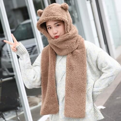 Women Winter One-Piece Hat Scarf Cute Bear Ears Hooded Earflap Cap Thicken Plush Thermal Solid Color Neck Warmer Gift