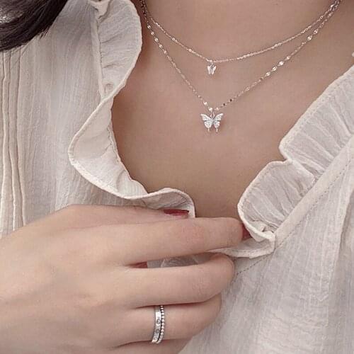 Women Double Layer Necklace Retro Rhinestone Butterfly Choker Necklace Clavicle Chain Sweet Butterfly Pendant Necklace
