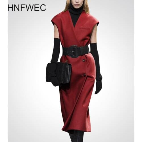 2020 New Spring Autumn Long Sleeveless V-neck Coat Slim Sashes Button Office Lady Woolen Coat Women Fashion Tide V417