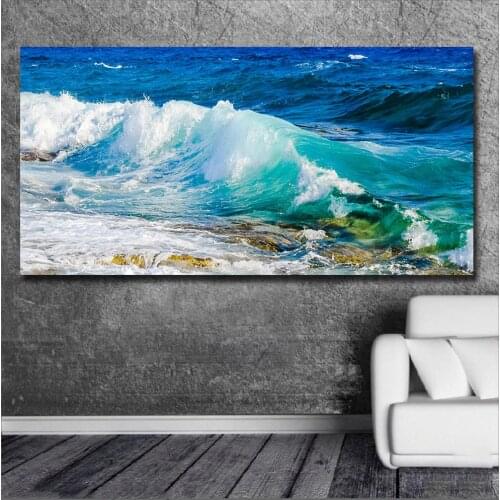Large Size Printing shades-of-blue-wave-smashing-foam Wall Art Picture Home Decor Living Room Modern Canvas Print Paintings