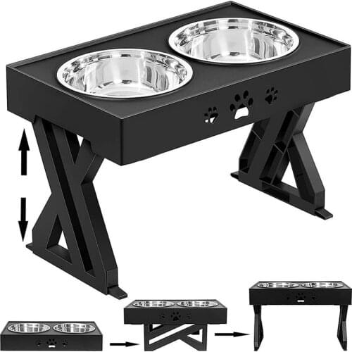 Raised Pet Bowl Stainless Steel Double Bowls Stand Non-Slip No Spill Dog Smart Height Adjusts Cervical Protectionto Large Dogs