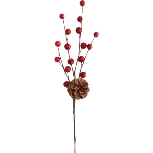 Artificial Plant Decorations Simulate Red Foam Berries and Pine Cones Branch Christmas Decorative Flower Branches