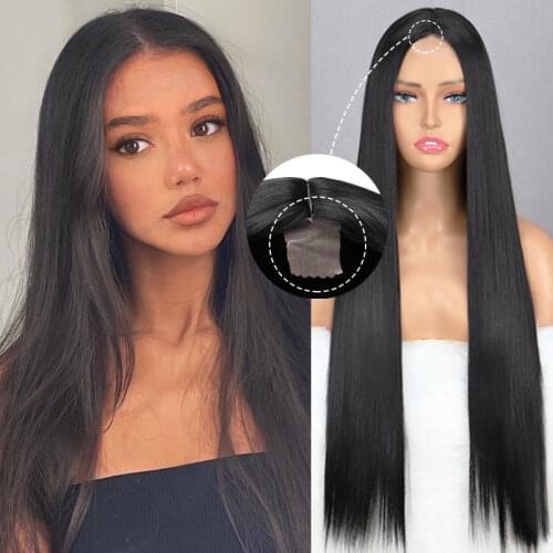 Linghang Long Straight Synthetic Black Wig Mixed Brown and Blonde Long Wig For Black Women Middle Part Nature Wig Lolita Cosplay