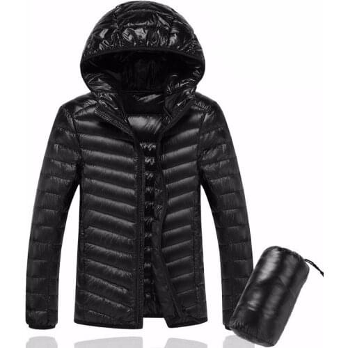2019 Men Hooded Wihite Duck Down Jacket Warm Jacket Line Portable Package Men Pack Jacket Thin and Light Mens Down Coat