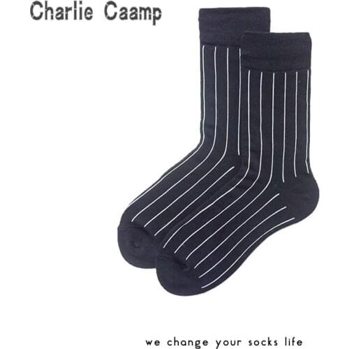 Charlie Campp Trend Spring/Summer Cotton Vertical Striped Black Joy Series Mens Crew Socks HY1002
