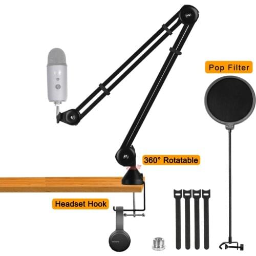 Microphone Arm Stand Desk Adjustable Suspension Boom Scissor Mic Arm Upgraded Heavy Duty Mic Stand with Pop Filter For Blue Yeti