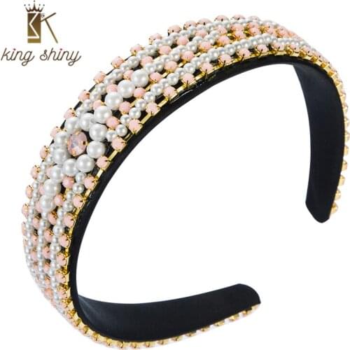 King Shiny Baroque Full Imitation Pearl Headband for Woman Vintage Resin Crystal Beaded Hairband Female Party Hair Accesories