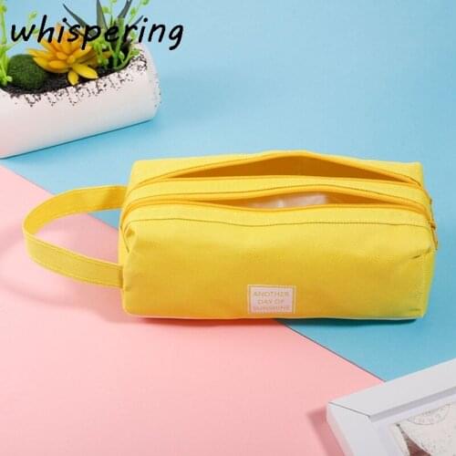 Simple Double Layer Solid Color Canvas Pencil Bag Pen Case Stationery Multifunction Large Capacity School Student Pencil Pouch