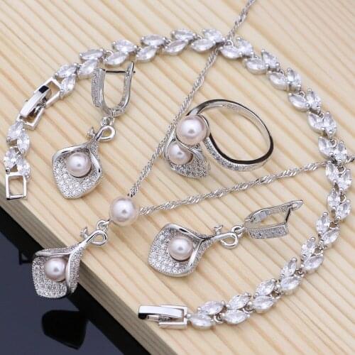 Horn Bridal Jewelry Sets Pink Pearls Bead Silver 925 Jewelry For Women Earrings With Stone Pendantce/Ring/Bracelet/Neckla Set