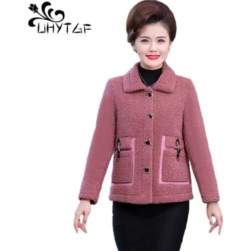 UHYTGF Lamb Cashmere Winter Fur Coat Women Fashion Pocket Single Breasted Loose 5XL Plus Size Jacket Mother Short Outerwear 1440