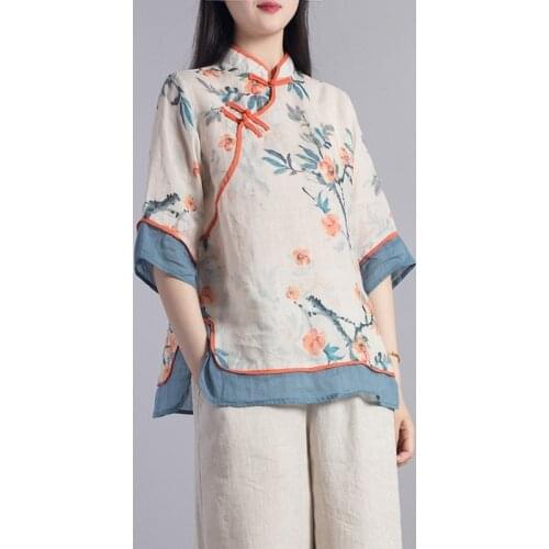 Women Chinese Style Retro Blouse Print Qipao Tops Casual Cotton Linen Shirt Traditional Hanfu Elegant Fashion Oriental Clothing