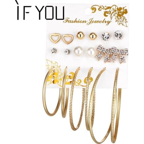 IF YOU Fashion Stud Earrings Set For Women Crystal Imitation Pearl Heart Bowknot Round Circle Brincos Costume Jewelry 9Pair/Set