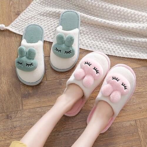 Ladies Warm Faux Fur Slippers Cute Rabbit Couple Indoor Slippers Soft Plush Non-Slip Winter Female Household Floor Shoes