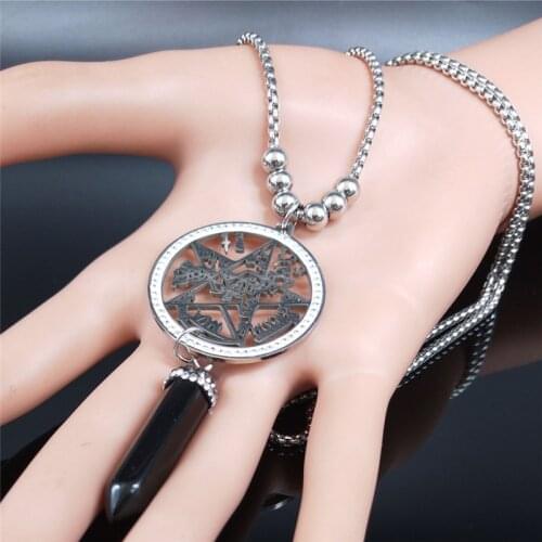 Divination Crystal Stainless Steel Long Necklaces Women Black Color Witchcraft Pentagram Natural Stone Necklace Jewelry N131S04