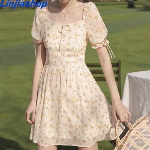 Women Mini Dress Summer French Sweet Fairy Gentle Style Retro Yellow Floral Puff Sleeve Temperament Short Dresses