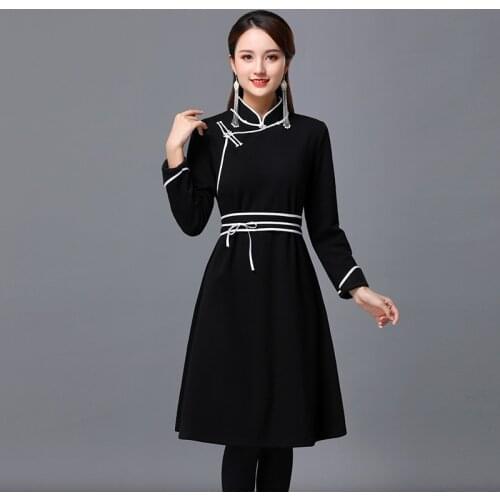 Fashion ethnic Clothing mongolian Style Women Dress Vintage stand Collar Robe Blouse Asian elegant costume