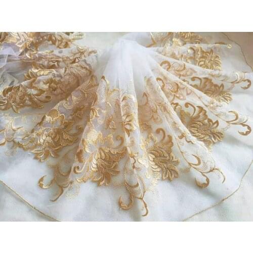 2 Yards Lace Trim Gold Floral Embroidered Ivory Tulle Lace 8.66 Inches Wide High Quality