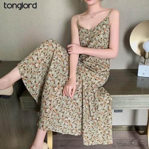 2021 New Summer Women V-neck Party Camisole Dresses Female New Floral Printed Sleeveless Sexy Maxi Chiffon Dress Mujer Vestidos