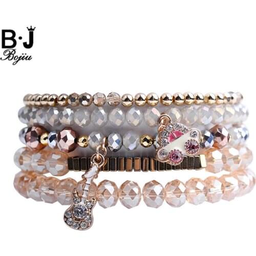 BOJIU Crystal Hematite Copper Beads Bracelets For Women Animal Guitar Pendant With Zircon Charm Bracelet Femme Jewelry BCSET135
