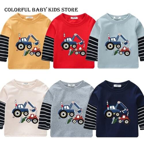 Kids Boys T-shirts Baby Long Sleeve Excavator Tops Children Autumn Striped Cotton Sweatshirt 3 4 5 6 7 8 Years Boy Girl T Shirts
