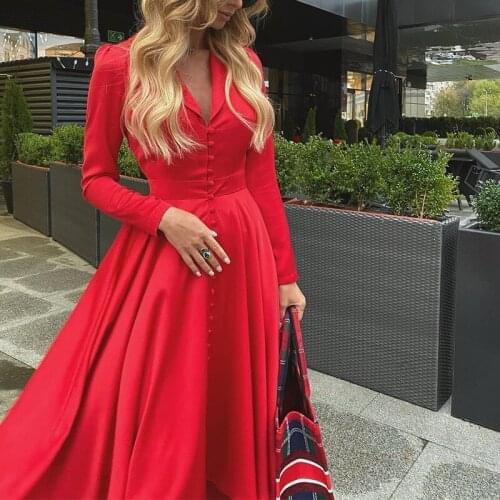 Elegant Party Vestidos Red Female Sexy V Neck Satin Midi Dress Women Autumn Long Sleeve Buttons Office Ladies A-line Dress Solid