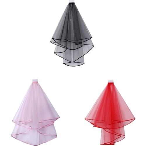 Double Layer Mesh Tulle Solid Color Women Short Wedding Veil with Comb Ribbon Edge Center Cascade Bride Party Headpiece