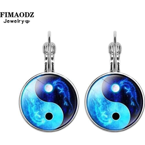 FIMAODZ Chinese Tai Chi Earrings Black White Cat Dragon Life Tree Butterfly Yin Yang Photo Glass Dangle Earring Vintage Jewelry