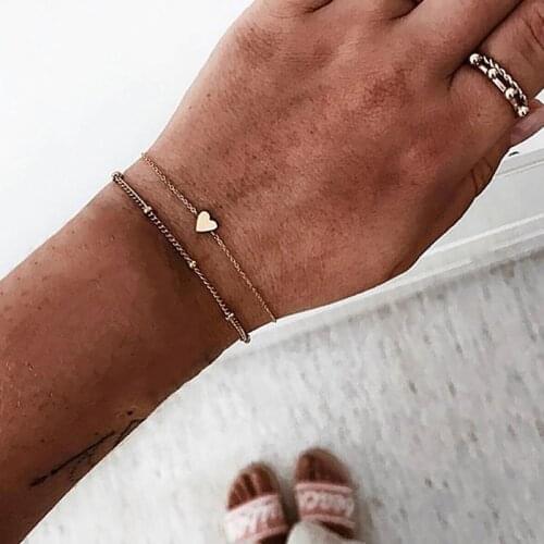 2 Pcs/Set Brief Gold Silver Color Small Love Heart Link Chain Bracelet Alloy Korean Style Bracelet Set For Women Fashion Jewelry