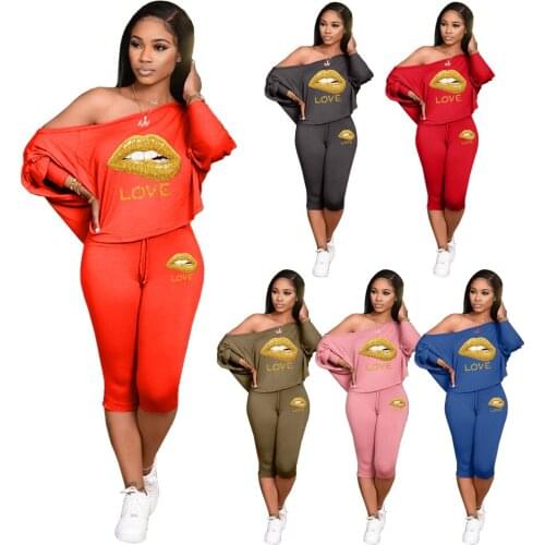 Shorts Set Women Skew Collar Lips Print Off Shoulder T Shirt Top Skinny Shorts Two Piece Set Loose Fashion Casual Summer Clothes