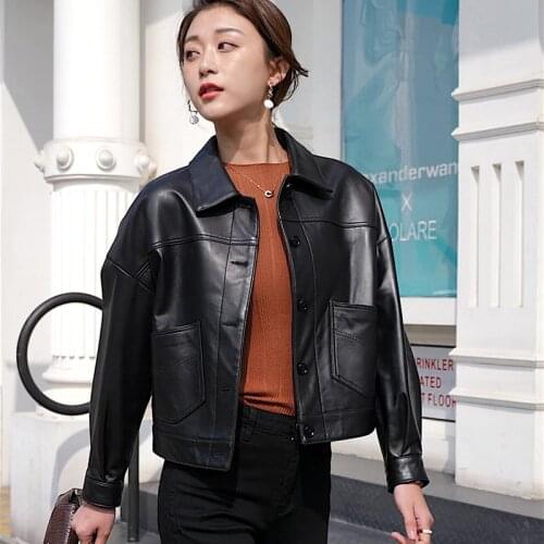 Spring New Fashion Genuine Leather Black Short Womens Sheepskin Motorcycle Coat High Quality Luxury Single Breasted Jacket